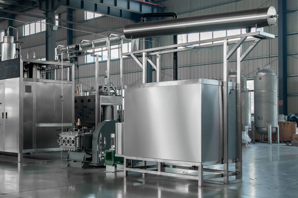 Stainless steel condenser unit designed for CO2 recovery in a supercritical CO2 extraction system, ensuring efficient recycling and temperature control.