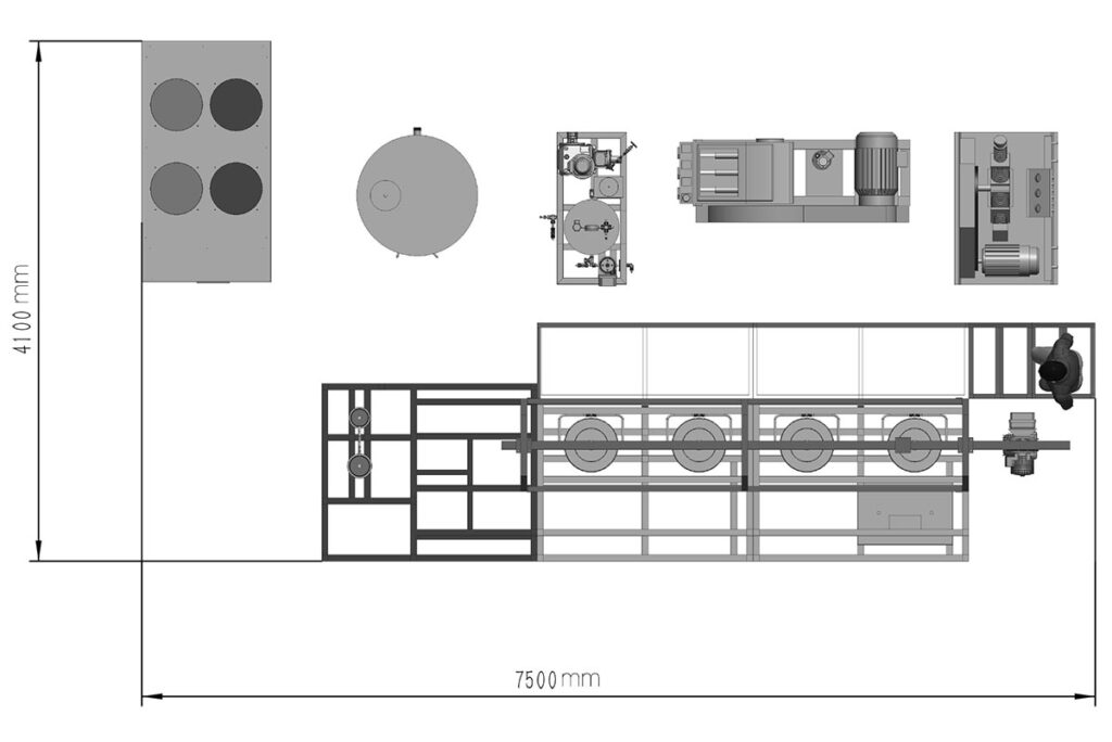 Layout diagram of 50L×4 supercritical CO2 extraction equipment showing extractor vessels, separators, pumps, and control system with dimensions.