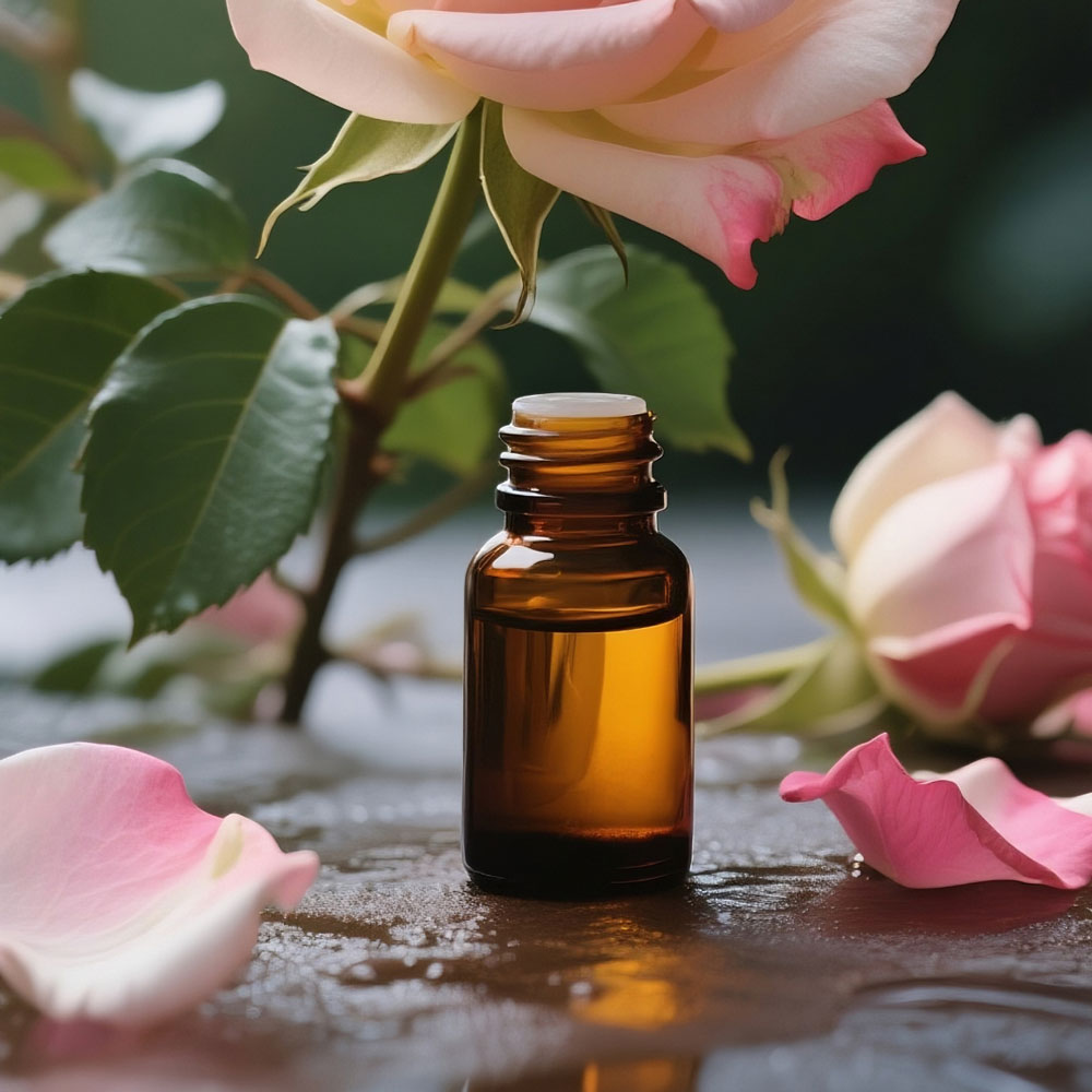 Rose essential oil is being collected in a glass vial after CO2 extraction