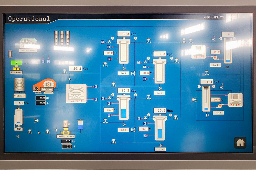 Touchscreen control interface of a supercritical CO2 extraction system showing temperature and pressure settings