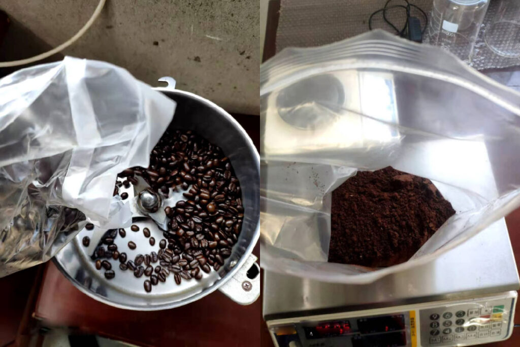 Whole and crushed coffee beans prepared for supercritical CO2 extraction experiment